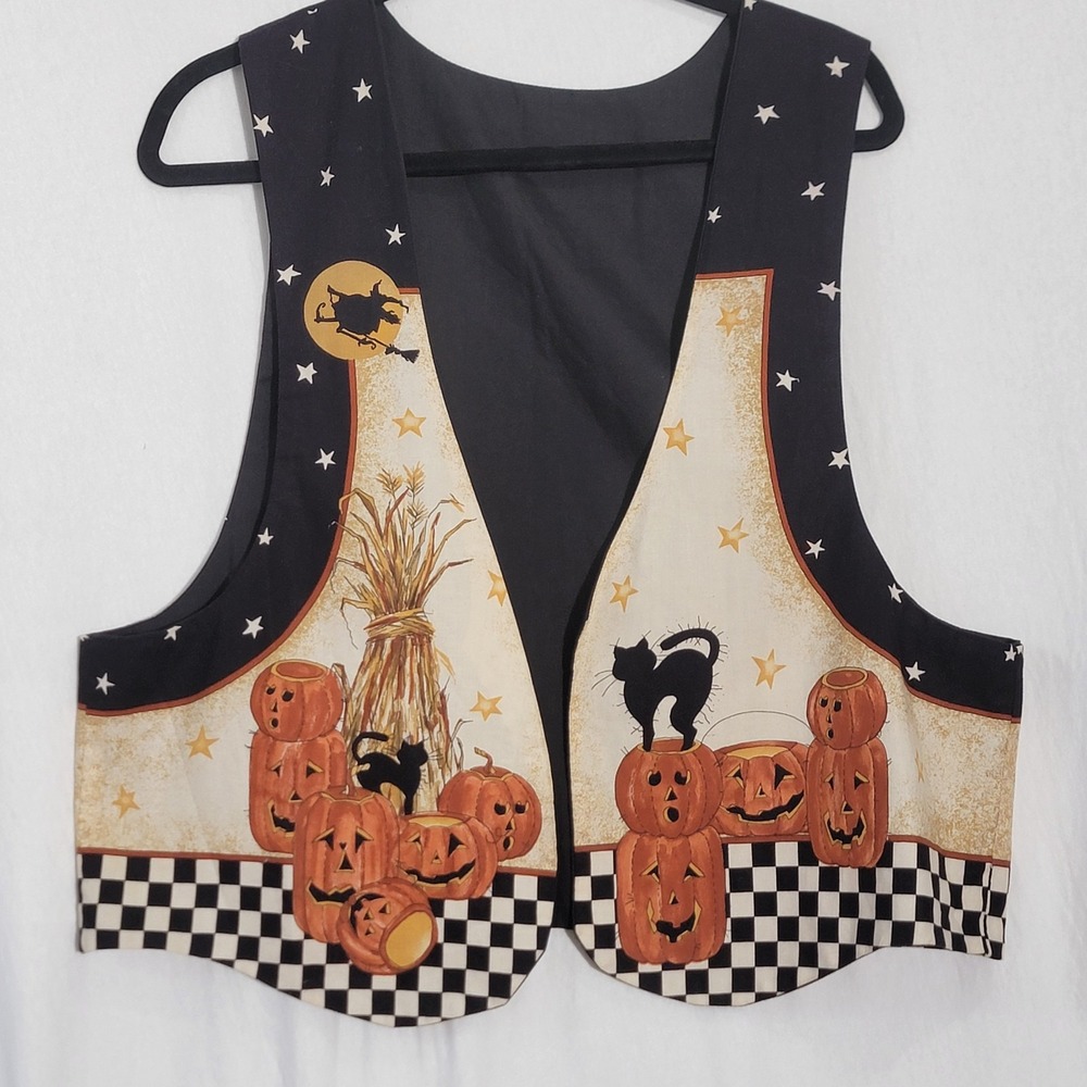 Vtg Y2K Handmade Halloween Cottage Teachercore Witch Pumpkin Cat Vest Cute